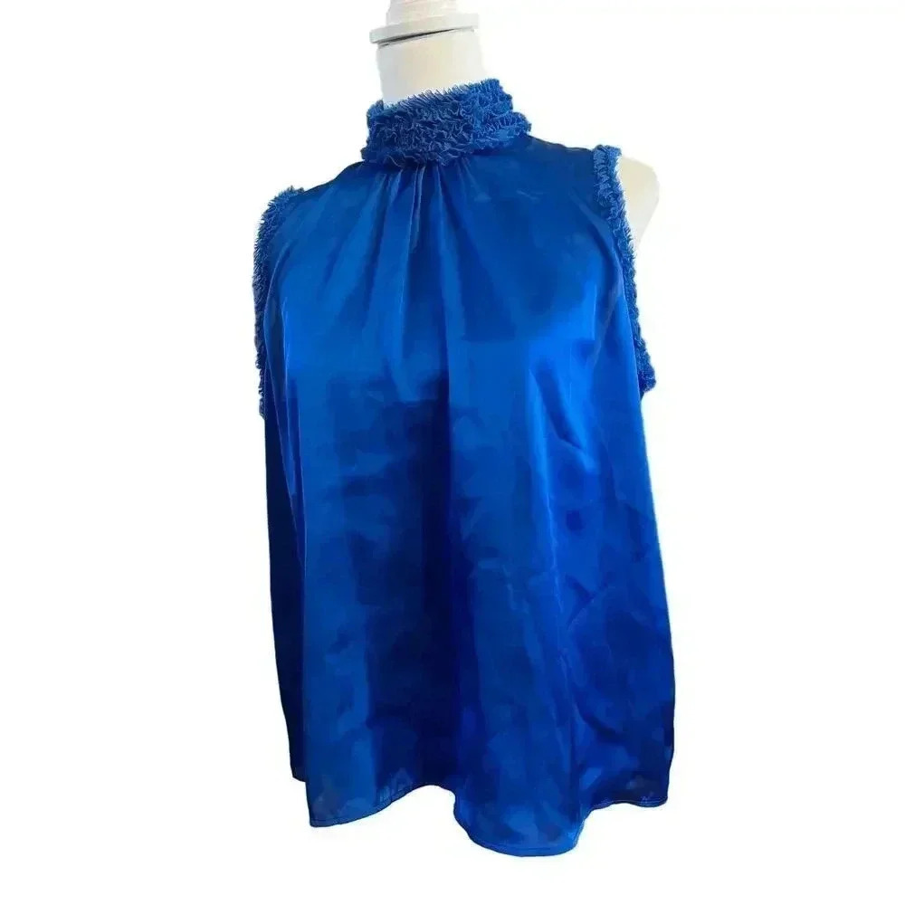 ZARA womens blue sleeveless satin ruffled neck shirt size small - Picture 3 of 8